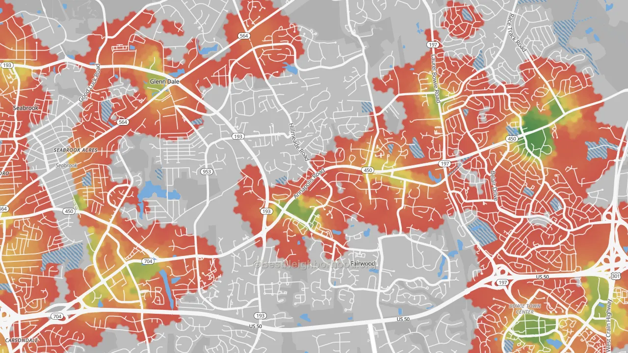 Walk Grade map of 20720, MD, walkable areas in green and car-dependent areas in red