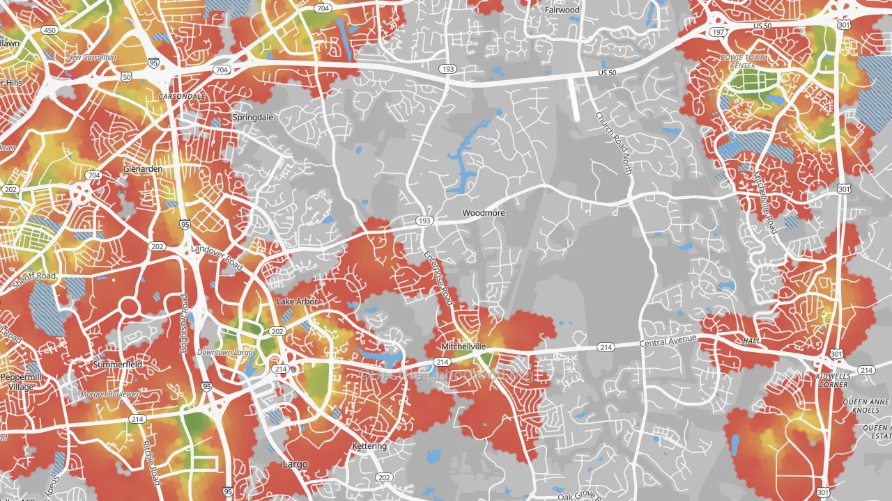 Walk Grade map of 20721, MD, walkable areas in green and car-dependent areas in red