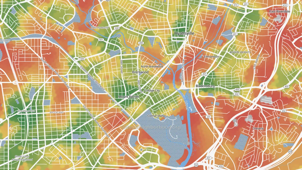 Walk Grade map of 20722, MD, walkable areas in green and car-dependent areas in red