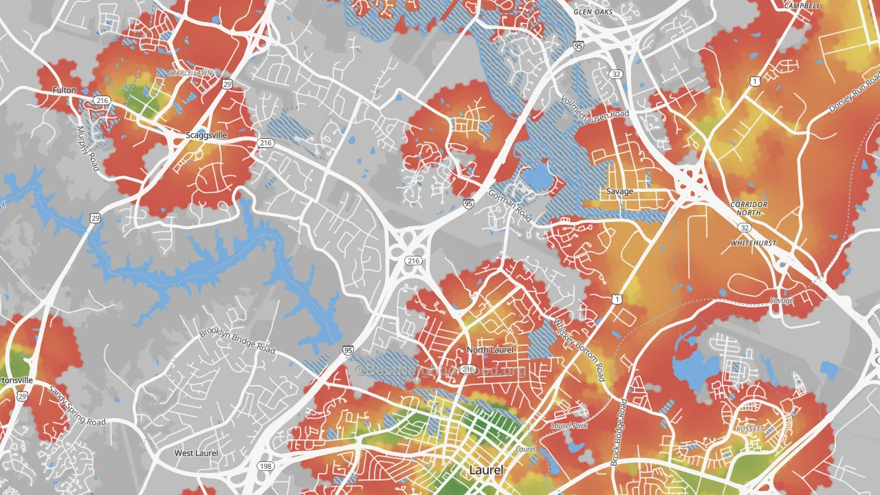 Walk Grade map of 20723, MD, walkable areas in green and car-dependent areas in red