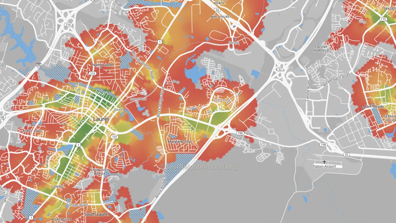 Walk Grade map of 20724, MD, walkable areas in green and car-dependent areas in red