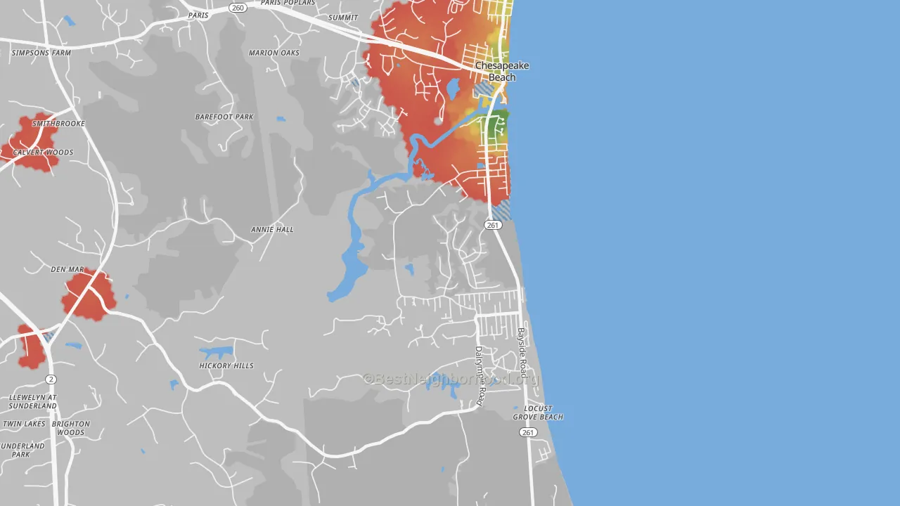 Walk Grade map of 20732, MD, walkable areas in green and car-dependent areas in red