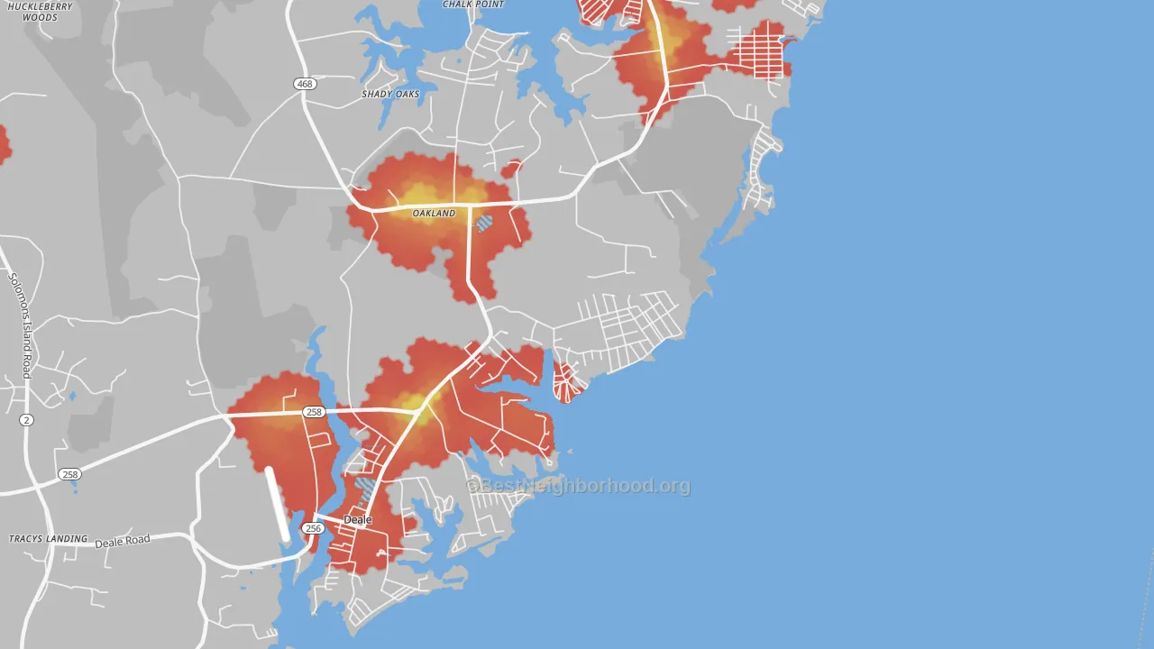 Walk Grade map of 20733, MD, walkable areas in green and car-dependent areas in red