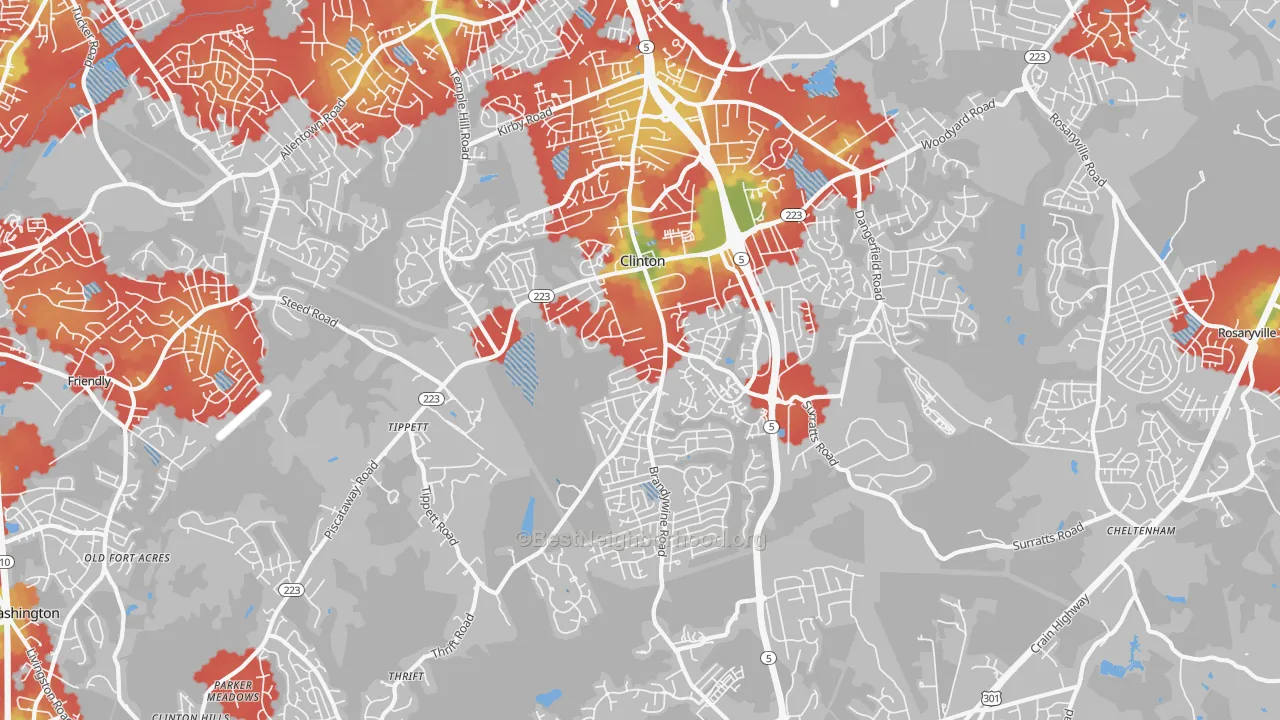 Walk Grade map of 20735, MD, walkable areas in green and car-dependent areas in red