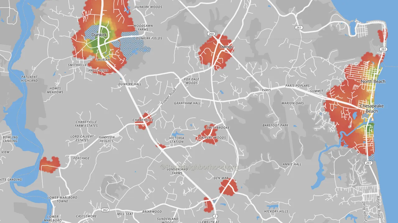Walk Grade map of 20736, MD, walkable areas in green and car-dependent areas in red