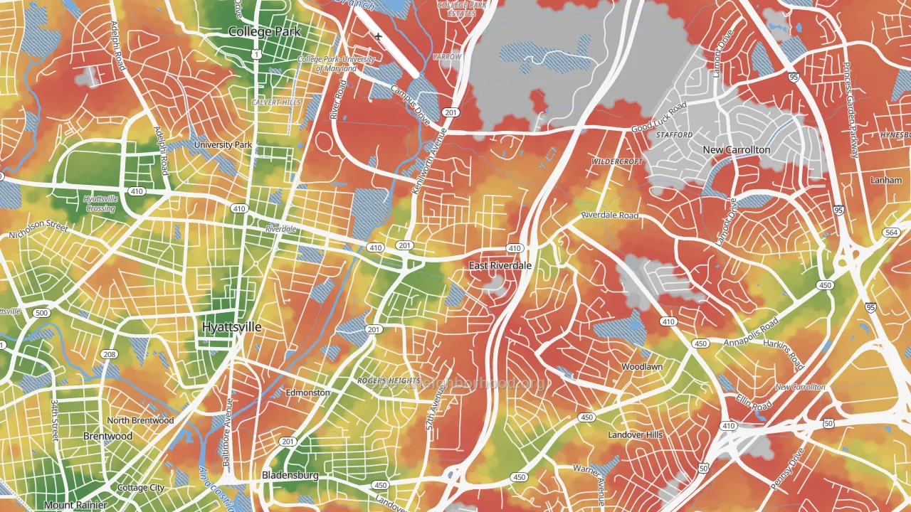Walk Grade map of 20737, MD, walkable areas in green and car-dependent areas in red
