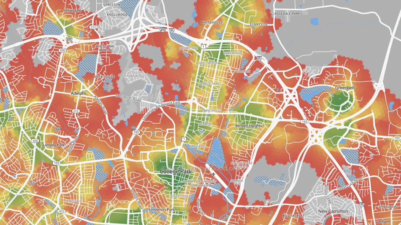 Walk Grade map of 20740, MD, walkable areas in green and car-dependent areas in red
