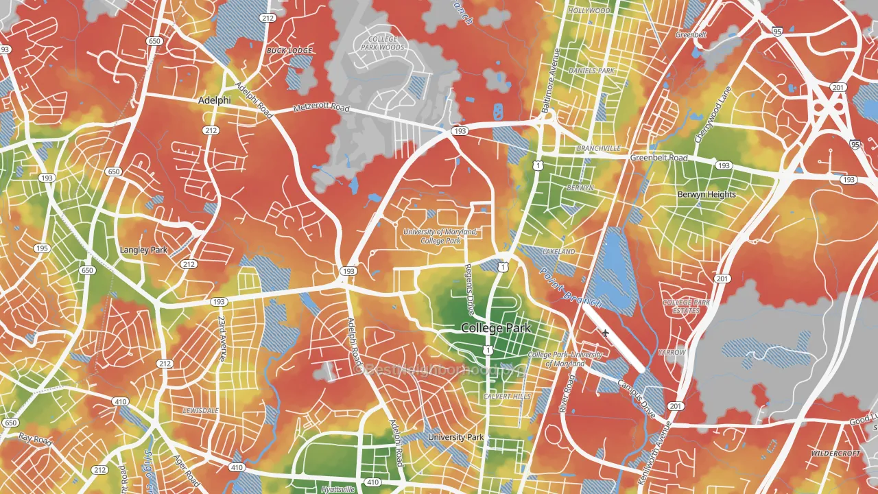 Walk Grade map of 20742, MD, walkable areas in green and car-dependent areas in red