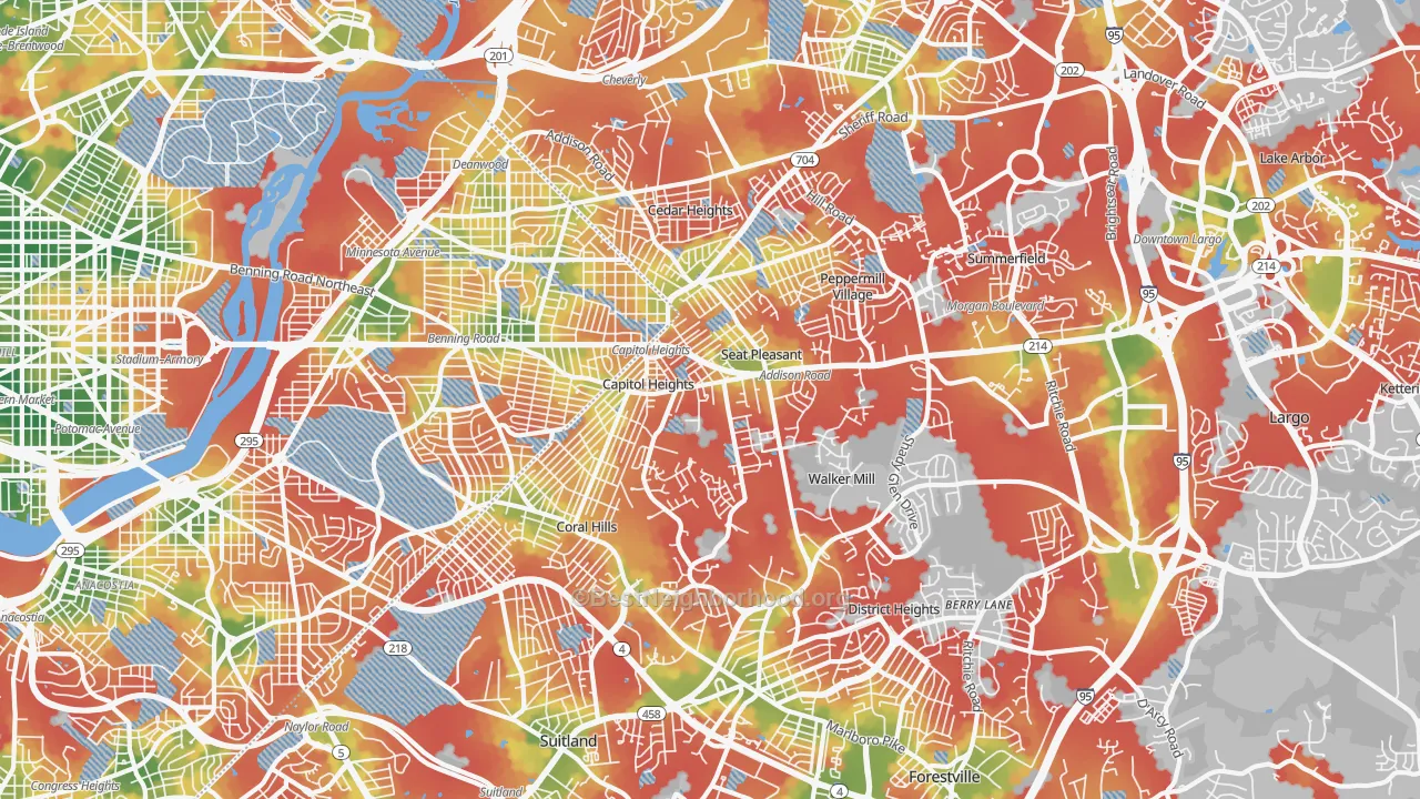 Walk Grade map of 20743, MD, walkable areas in green and car-dependent areas in red