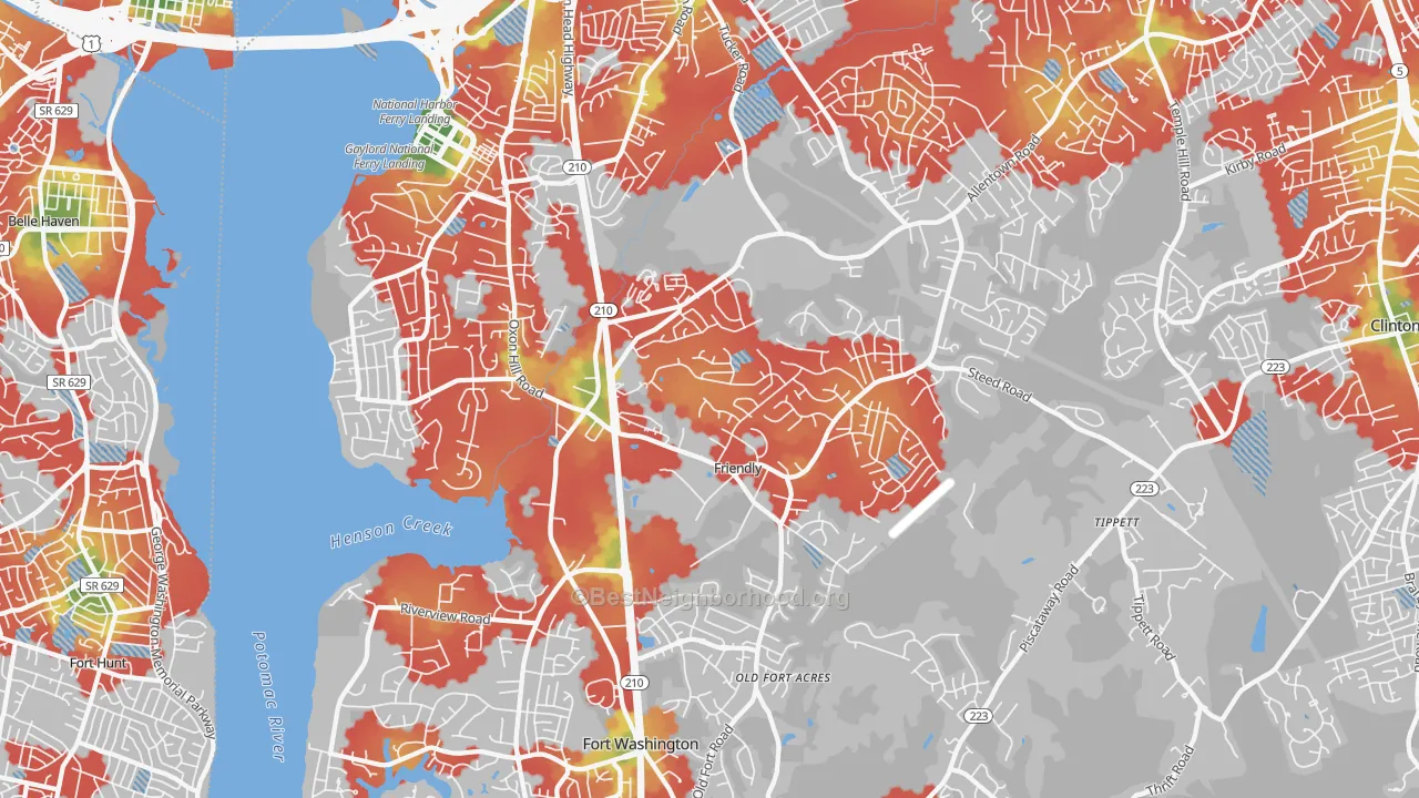 Walk Grade map of 20744, MD, walkable areas in green and car-dependent areas in red