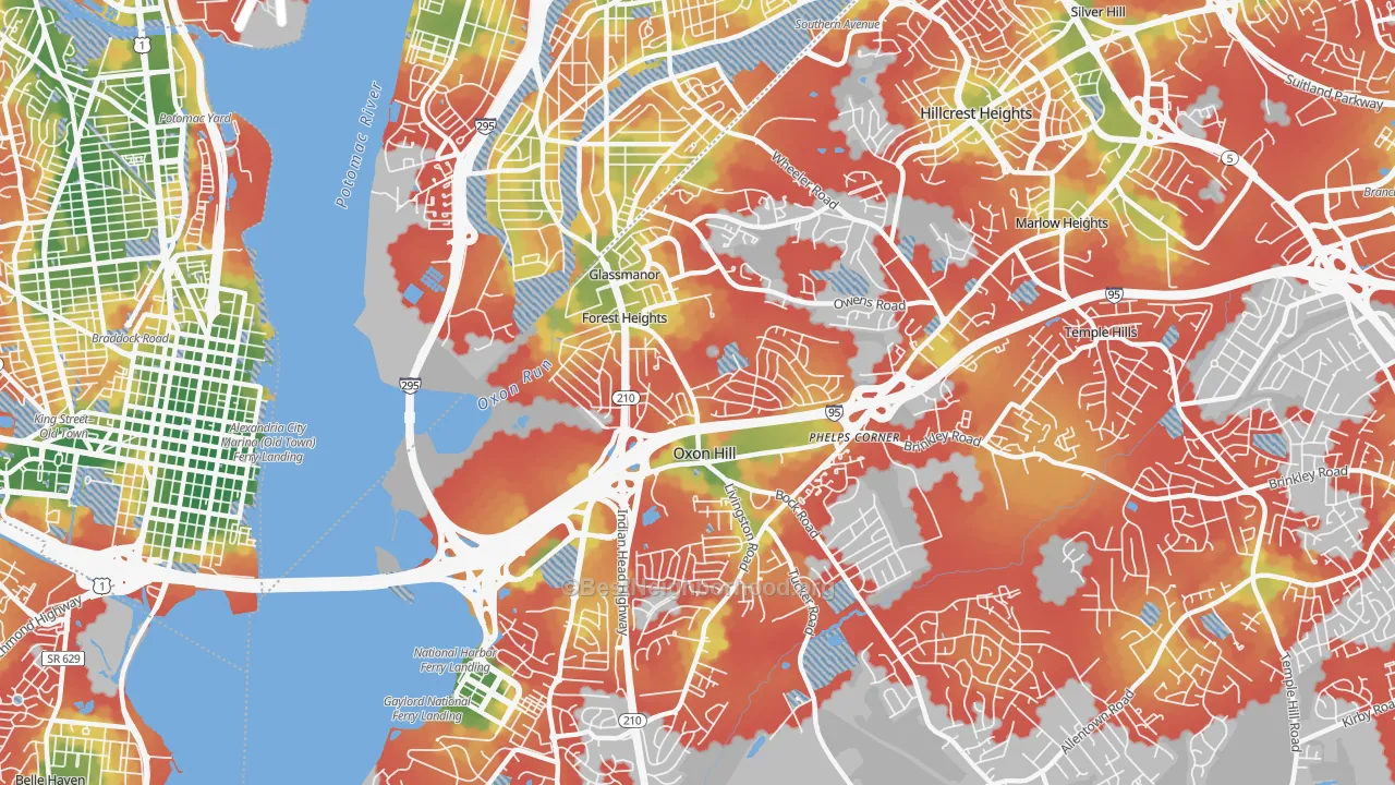 Walk Grade map of 20745, MD, walkable areas in green and car-dependent areas in red
