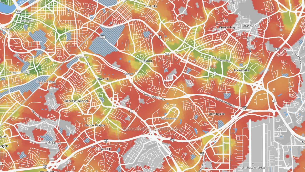 Walk Grade map of 20746, MD, walkable areas in green and car-dependent areas in red