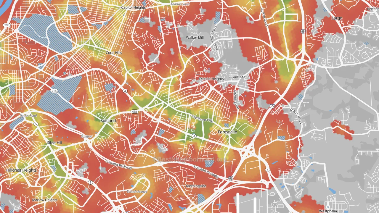 Walk Grade map of 20747, MD, walkable areas in green and car-dependent areas in red