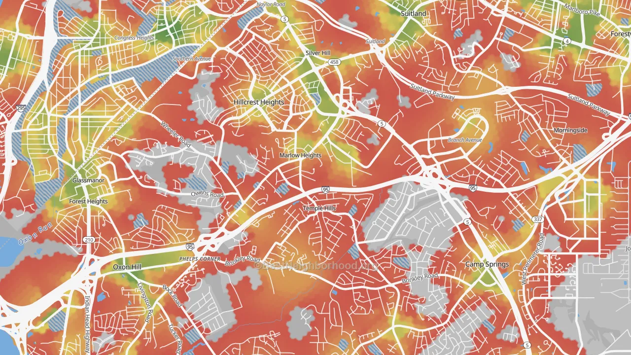 Walk Grade map of 20748, MD, walkable areas in green and car-dependent areas in red
