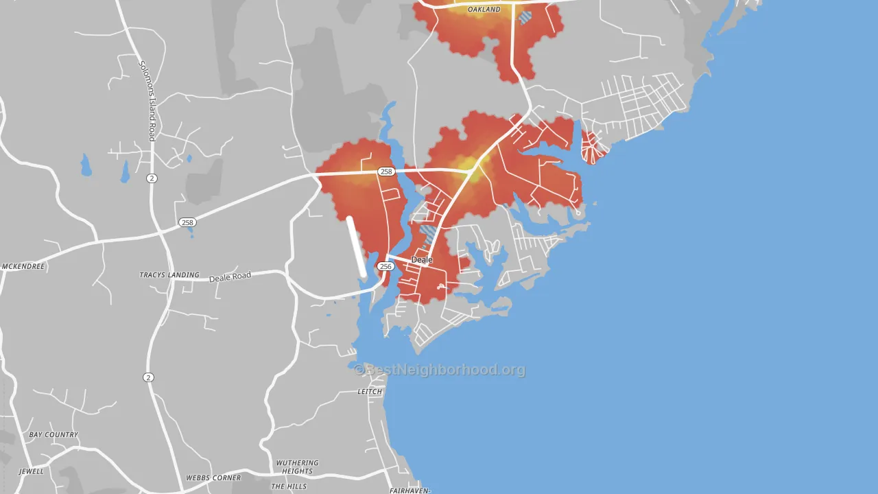 Walk Grade map of 20751, MD, walkable areas in green and car-dependent areas in red
