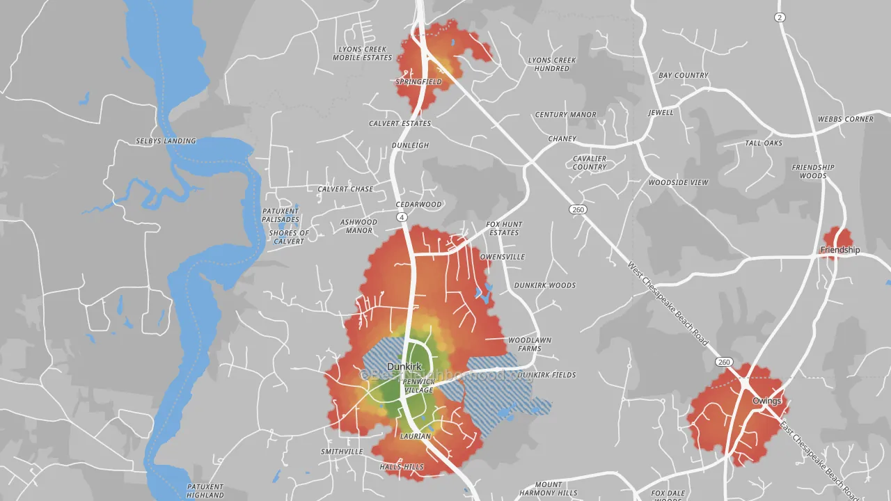 Walk Grade map of 20754, MD, walkable areas in green and car-dependent areas in red