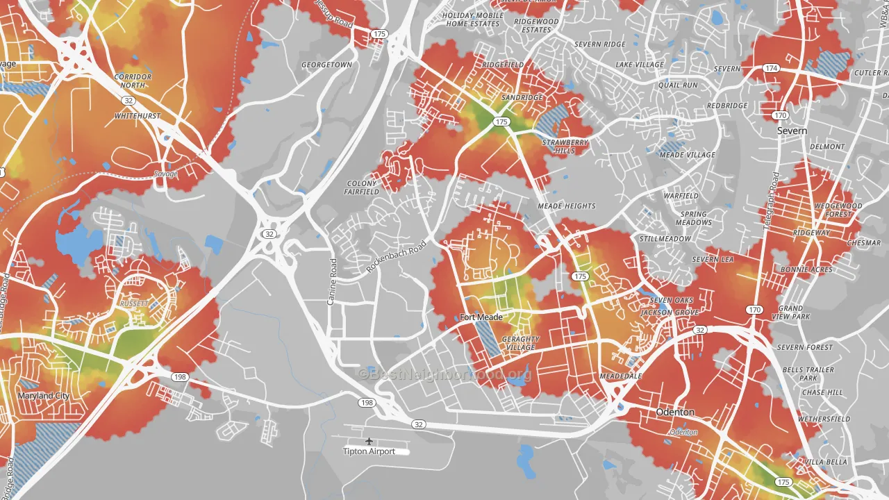 Walk Grade map of 20755, MD, walkable areas in green and car-dependent areas in red