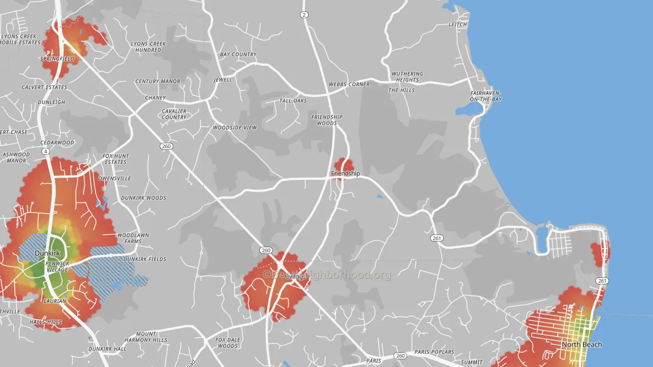 Walk Grade map of 20758, MD, walkable areas in green and car-dependent areas in red