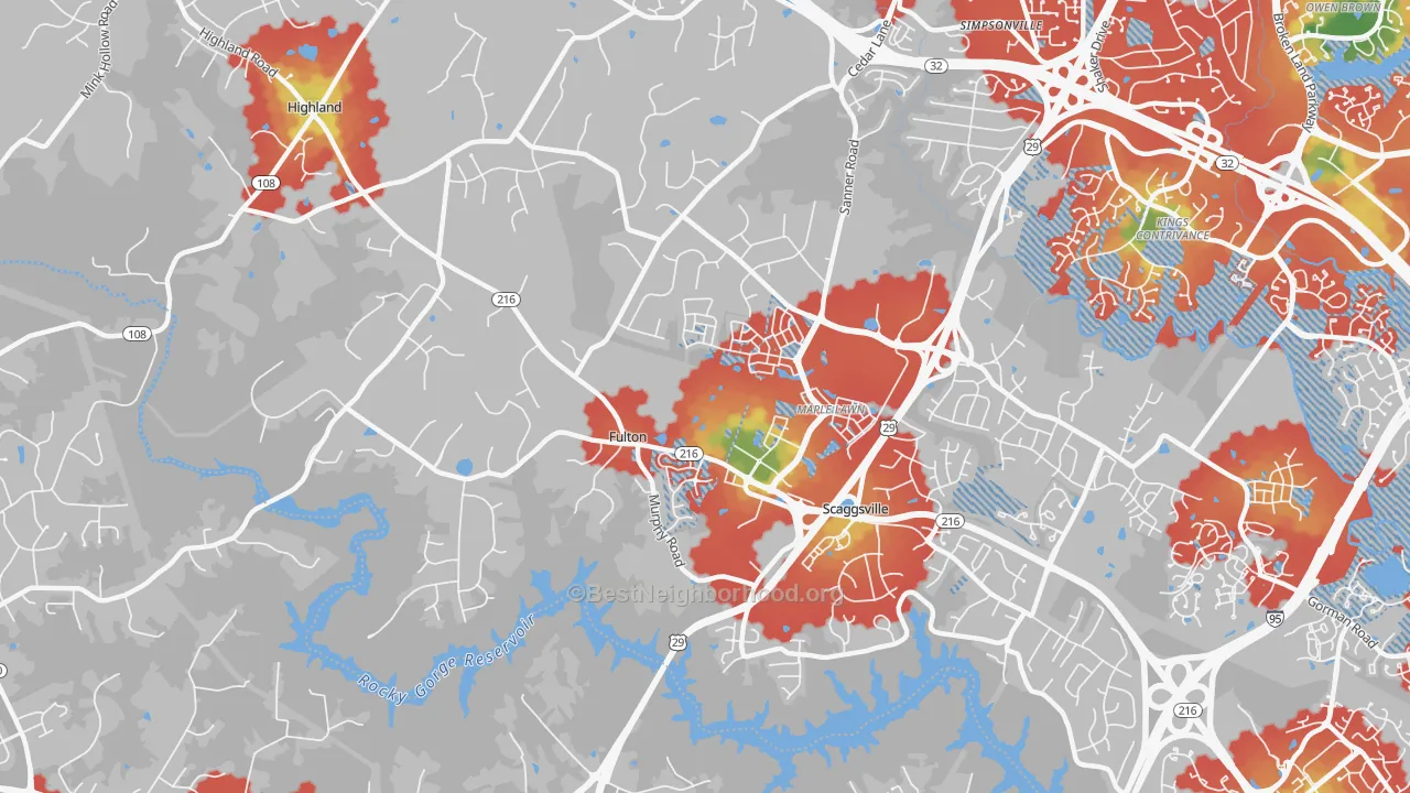 Walk Grade map of 20759, MD, walkable areas in green and car-dependent areas in red
