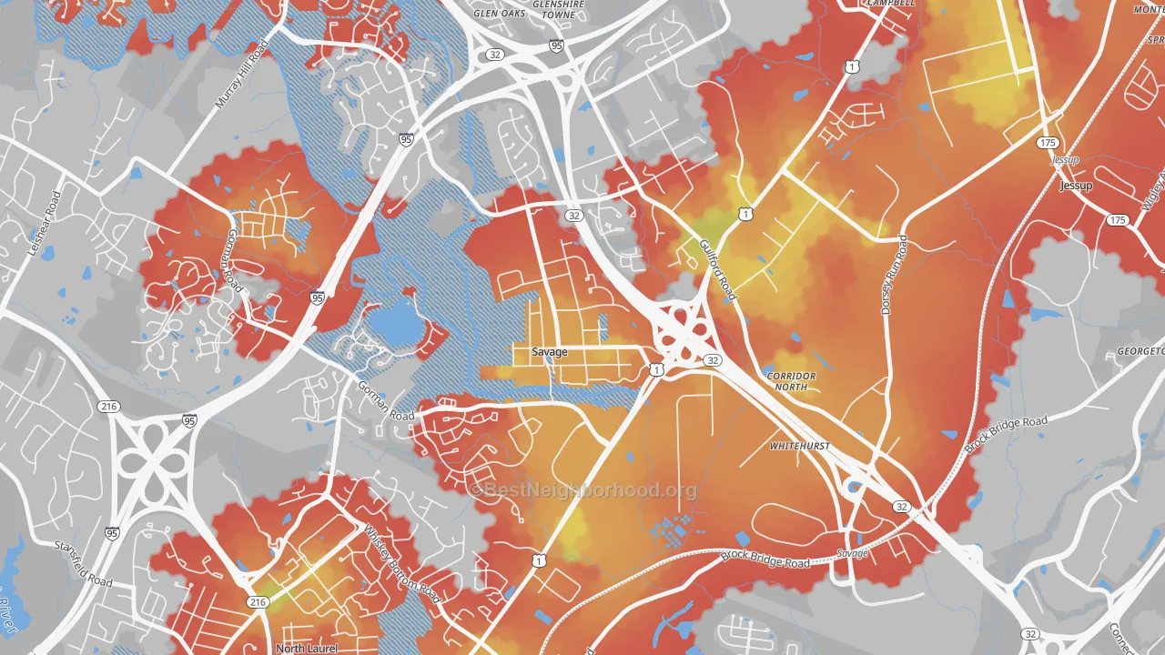 Walk Grade map of 20763, MD, walkable areas in green and car-dependent areas in red