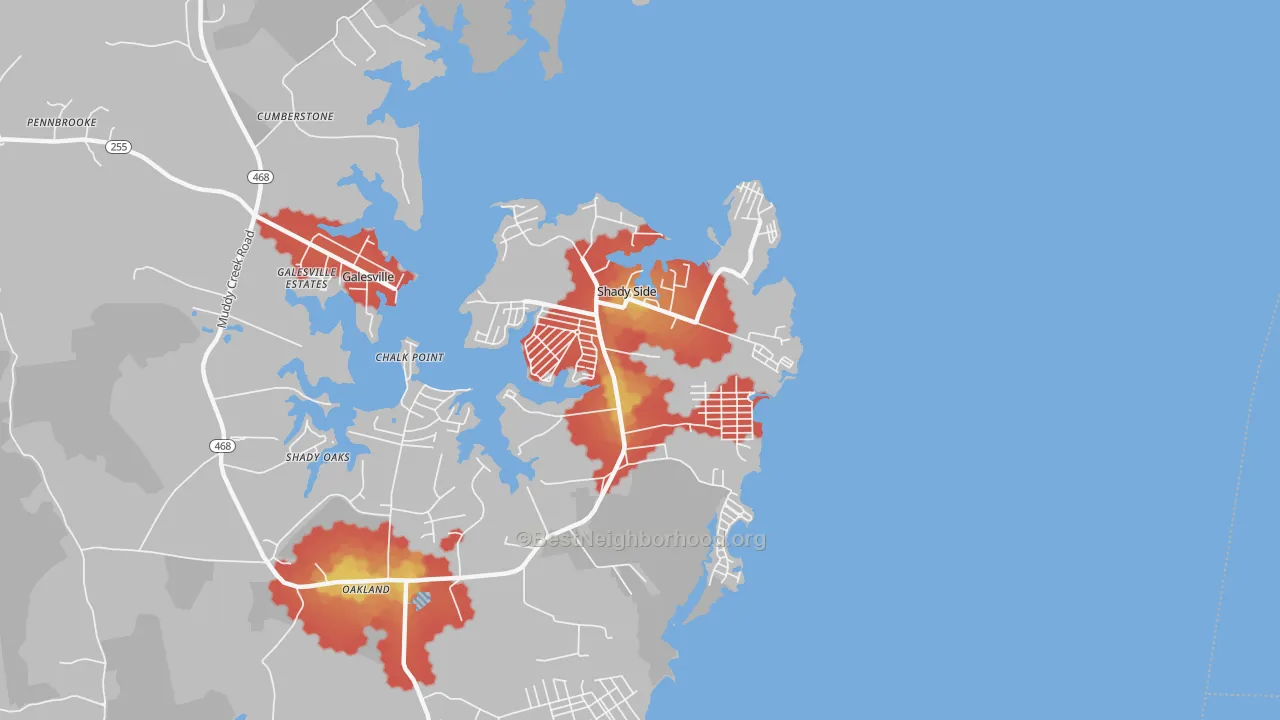 Walk Grade map of 20764, MD, walkable areas in green and car-dependent areas in red