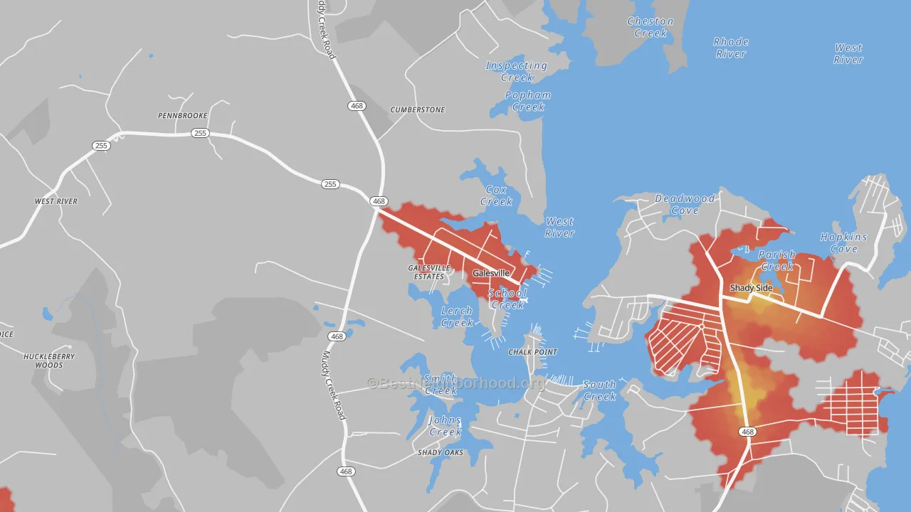 Walk Grade map of 20765, MD, walkable areas in green and car-dependent areas in red