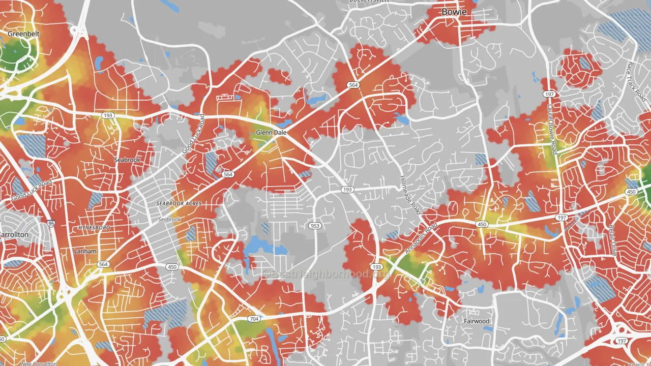 Walk Grade map of 20769, MD, walkable areas in green and car-dependent areas in red