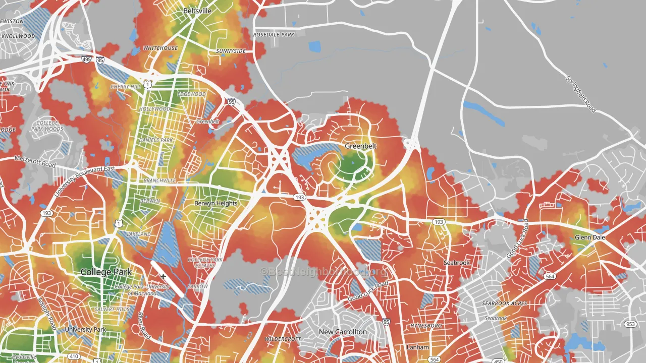 Walk Grade map of 20770, MD, walkable areas in green and car-dependent areas in red