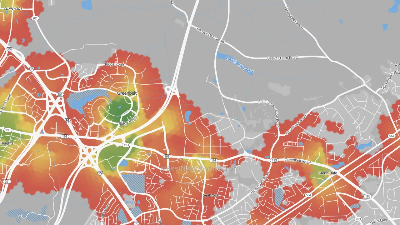 Walk Grade map of 20771, MD, walkable areas in green and car-dependent areas in red