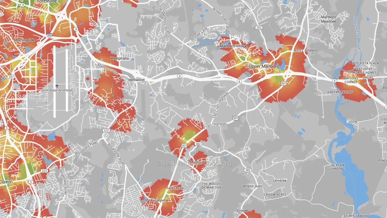 Walk Grade map of 20772, MD, walkable areas in green and car-dependent areas in red