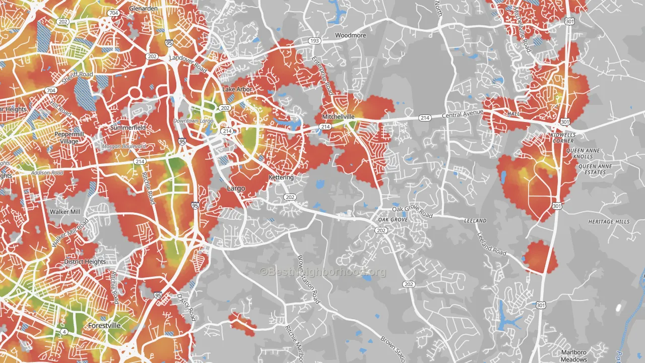 Walk Grade map of 20774, MD, walkable areas in green and car-dependent areas in red