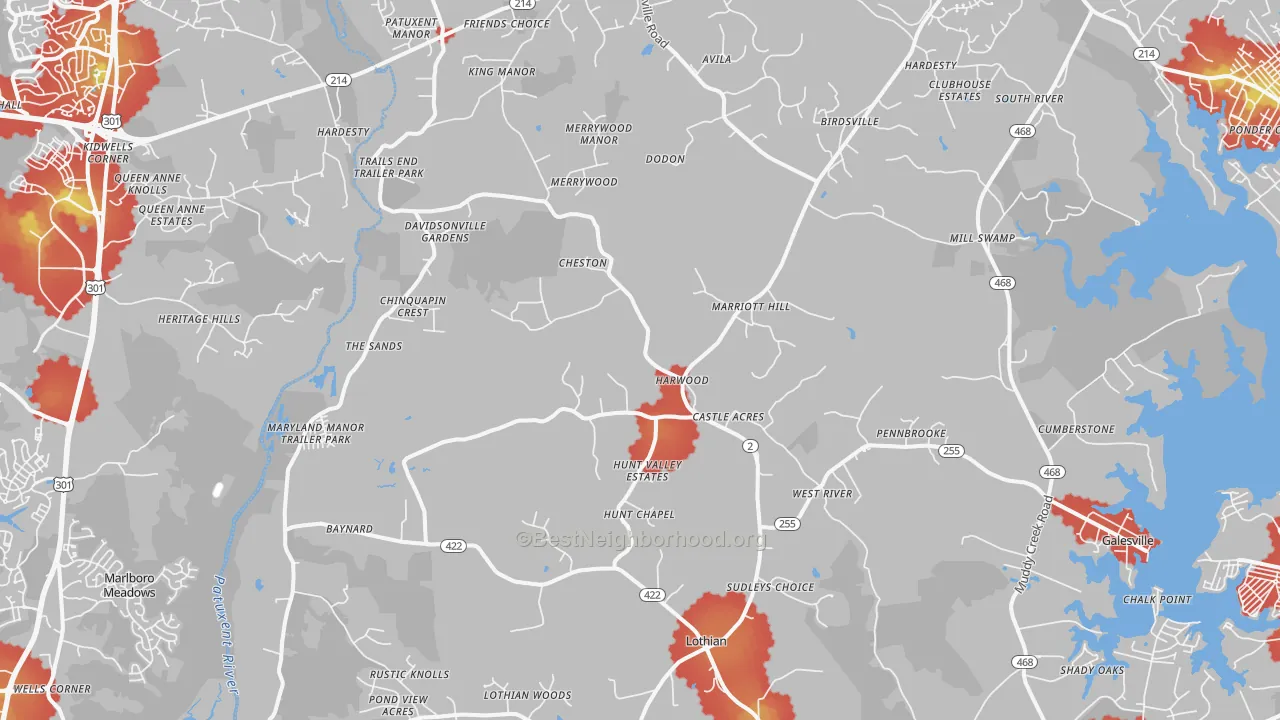 Walk Grade map of 20776, MD, walkable areas in green and car-dependent areas in red