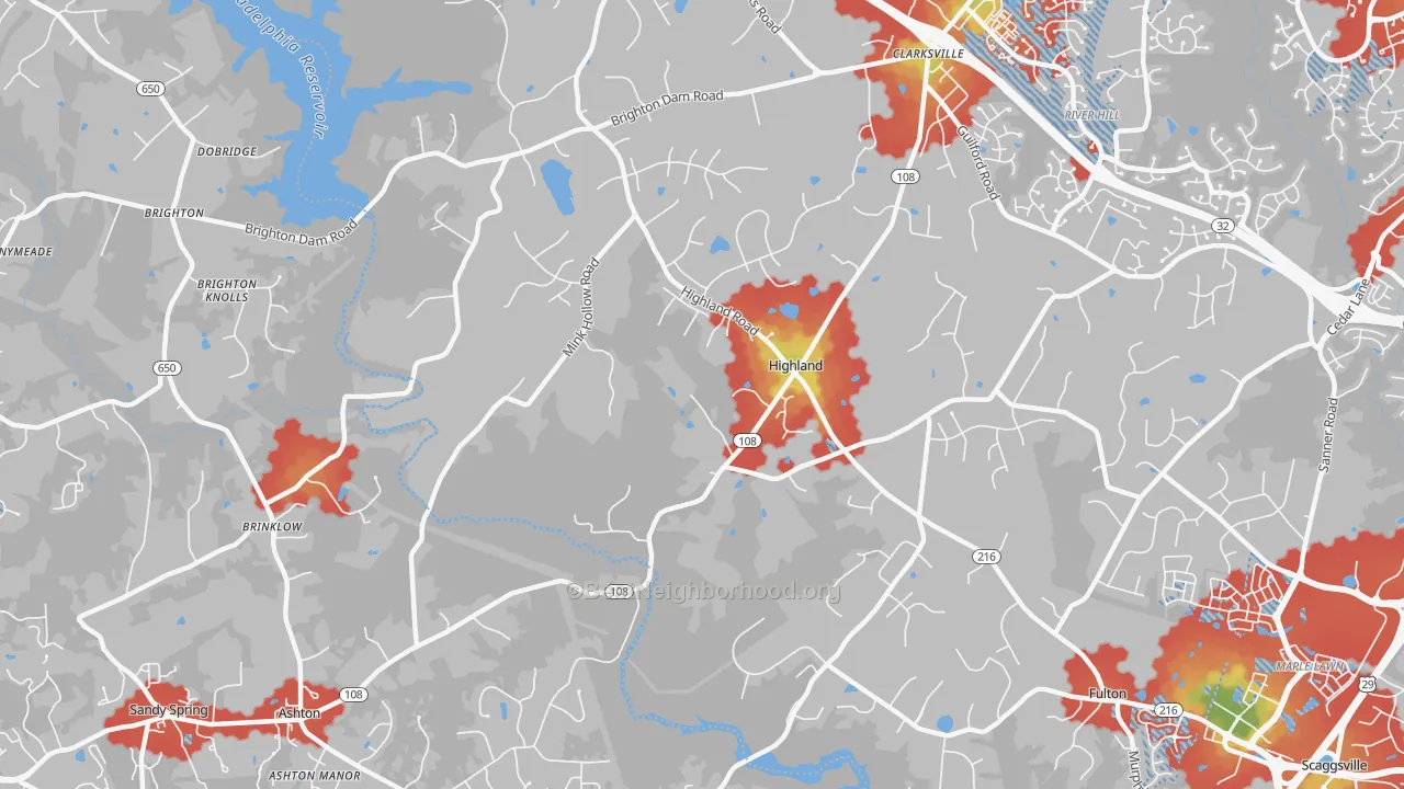 Walk Grade map of 20777, MD, walkable areas in green and car-dependent areas in red