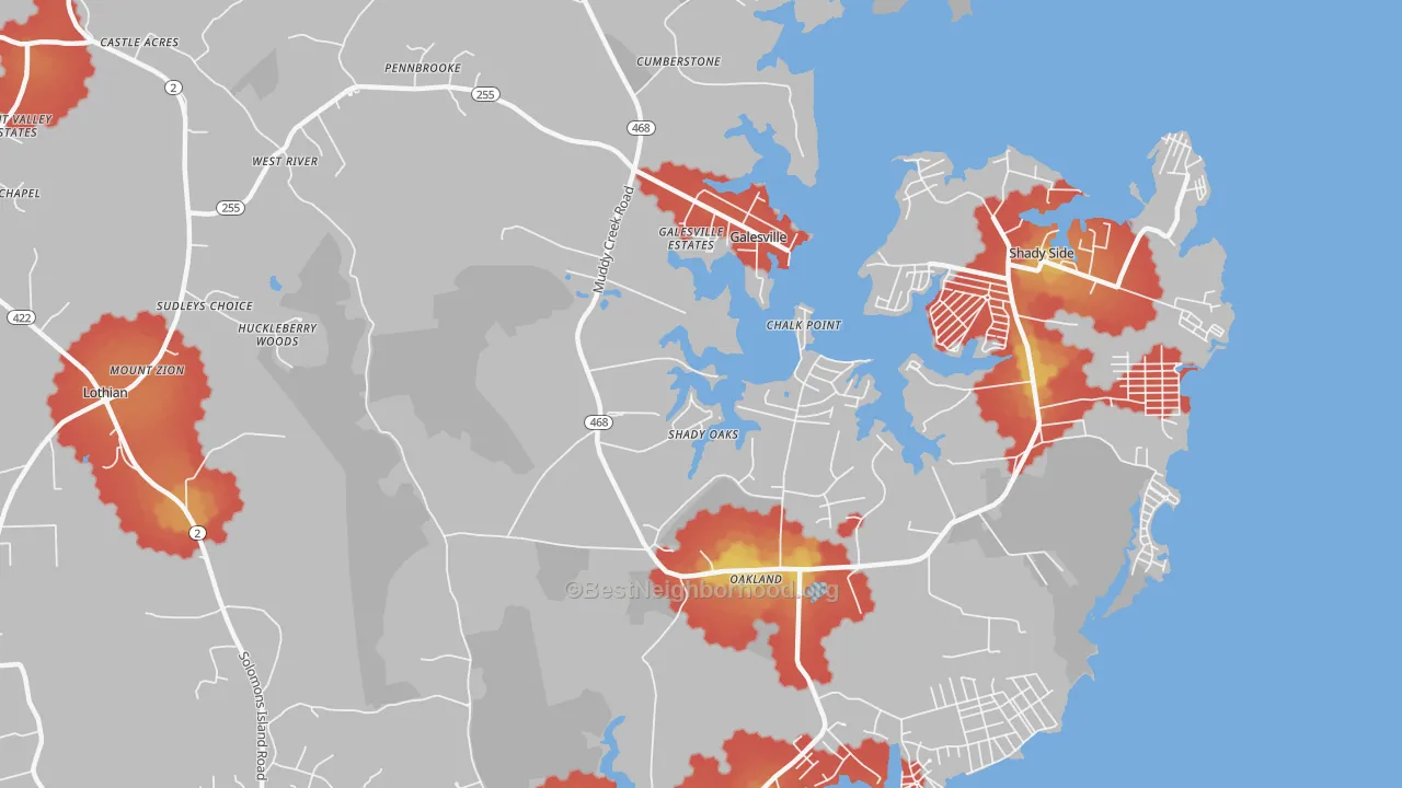 Walk Grade map of 20778, MD, walkable areas in green and car-dependent areas in red