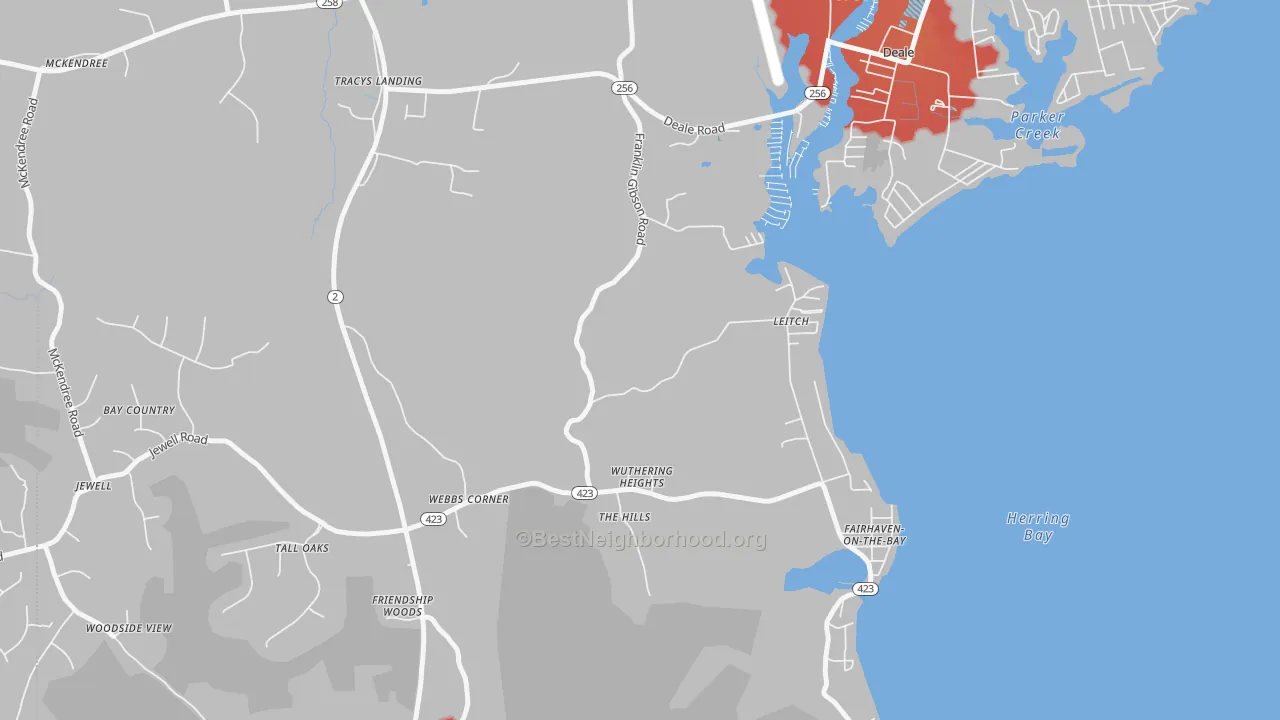 Walk Grade map of 20779, MD, walkable areas in green and car-dependent areas in red