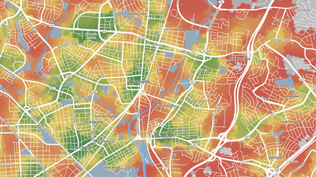 Walk Grade map of 20781, MD, walkable areas in green and car-dependent areas in red