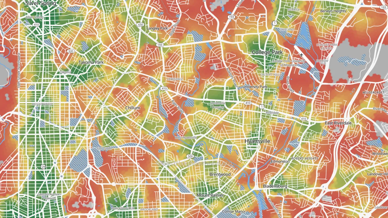Walk Grade map of 20782, MD, walkable areas in green and car-dependent areas in red