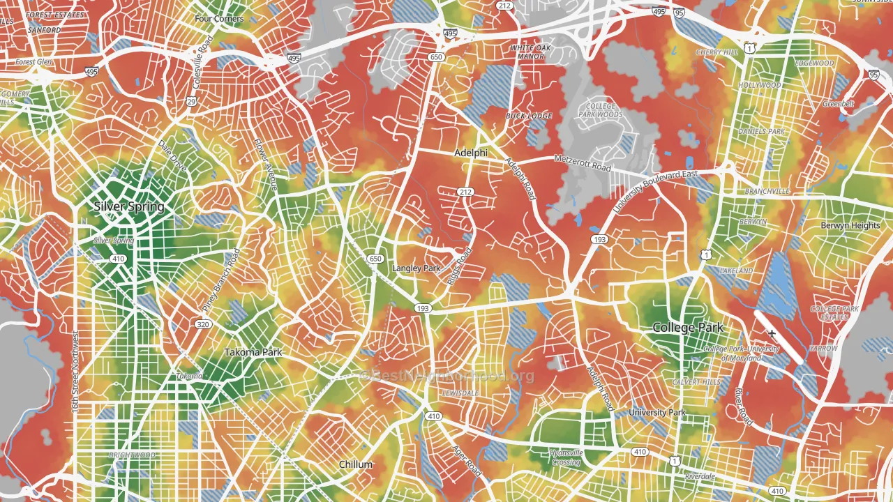 Walk Grade map of 20783, MD, walkable areas in green and car-dependent areas in red