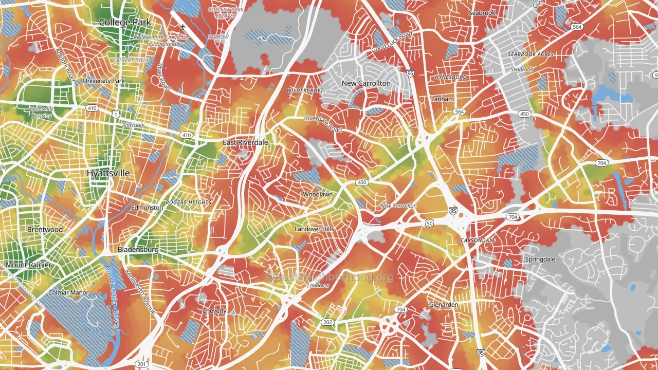Walk Grade map of 20784, MD, walkable areas in green and car-dependent areas in red