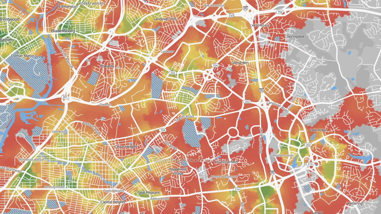 Walk Grade map of 20785, MD, walkable areas in green and car-dependent areas in red