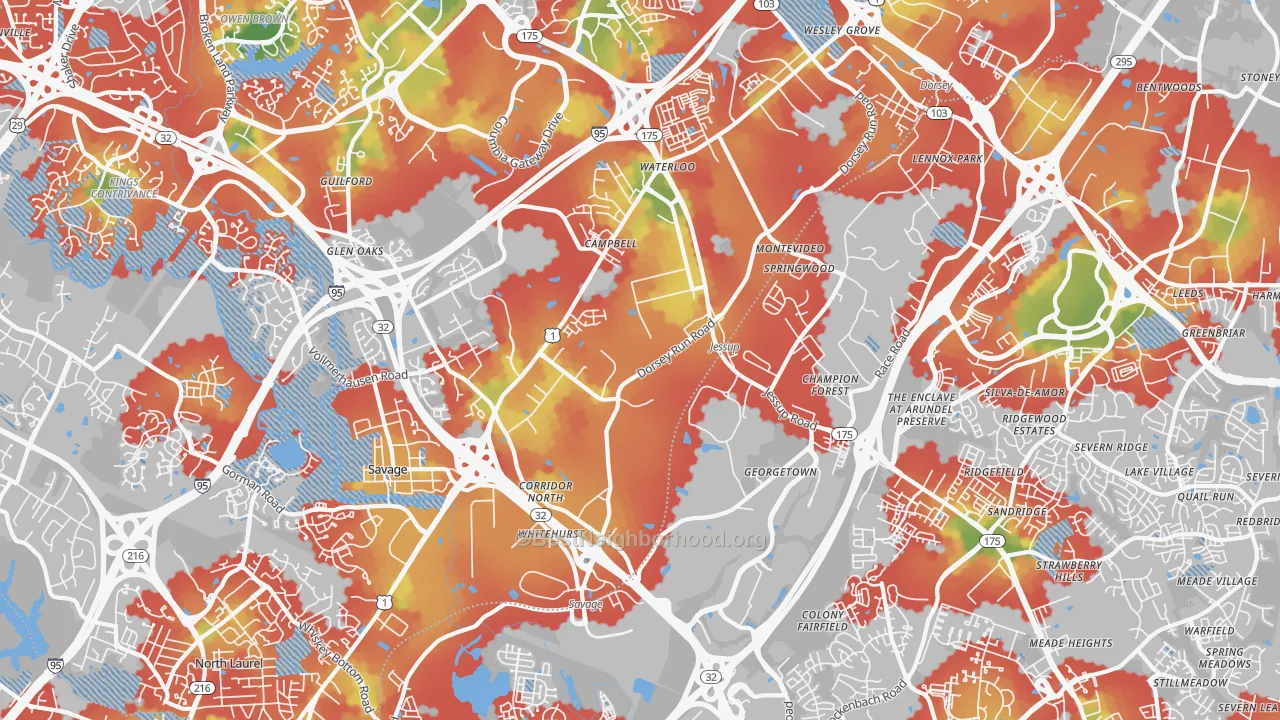 Walk Grade map of 20794, MD, walkable areas in green and car-dependent areas in red