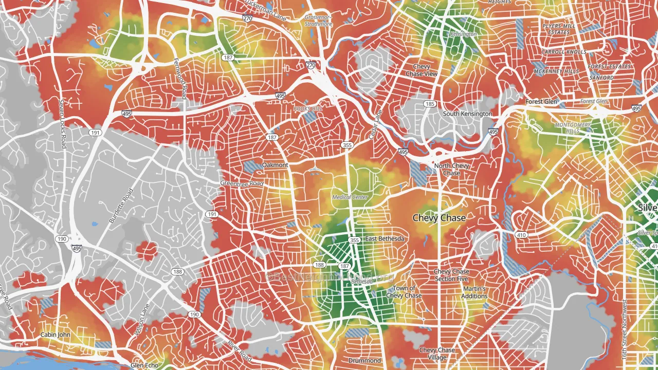Walk Grade map of 20814, MD, walkable areas in green and car-dependent areas in red