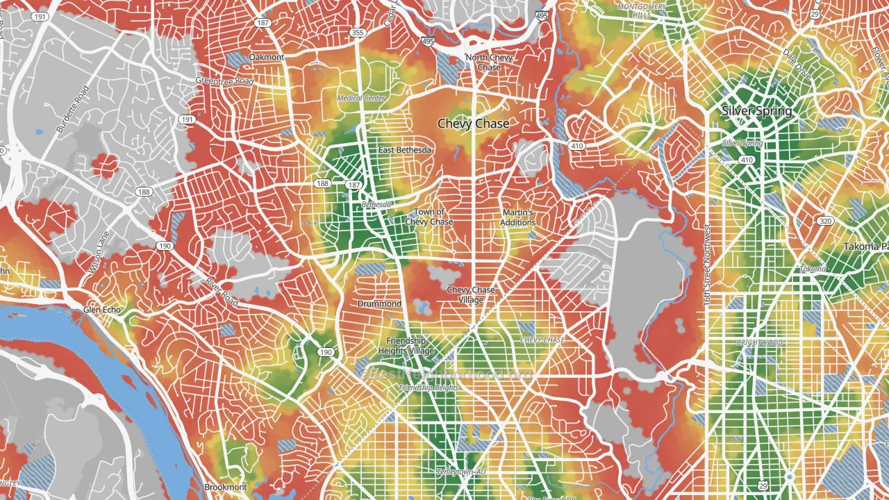 Walk Grade map of 20815, MD, walkable areas in green and car-dependent areas in red
