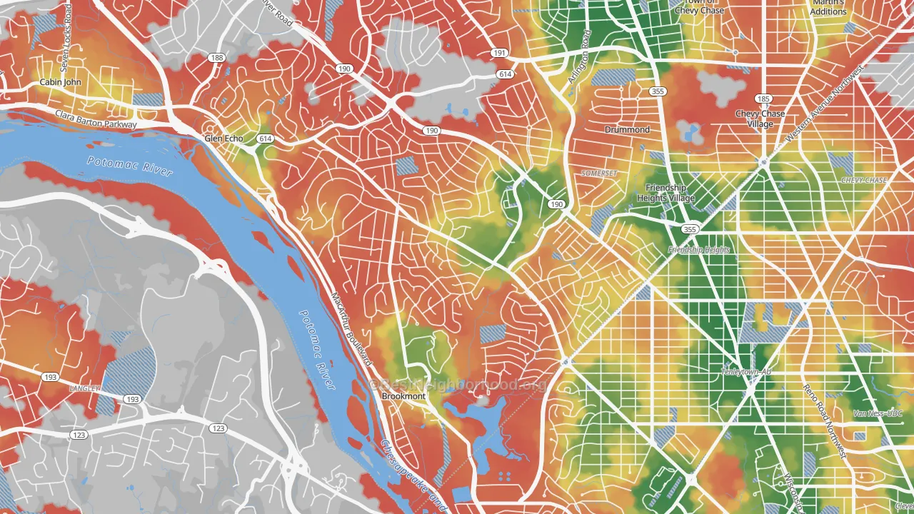 Walk Grade map of 20816, MD, walkable areas in green and car-dependent areas in red