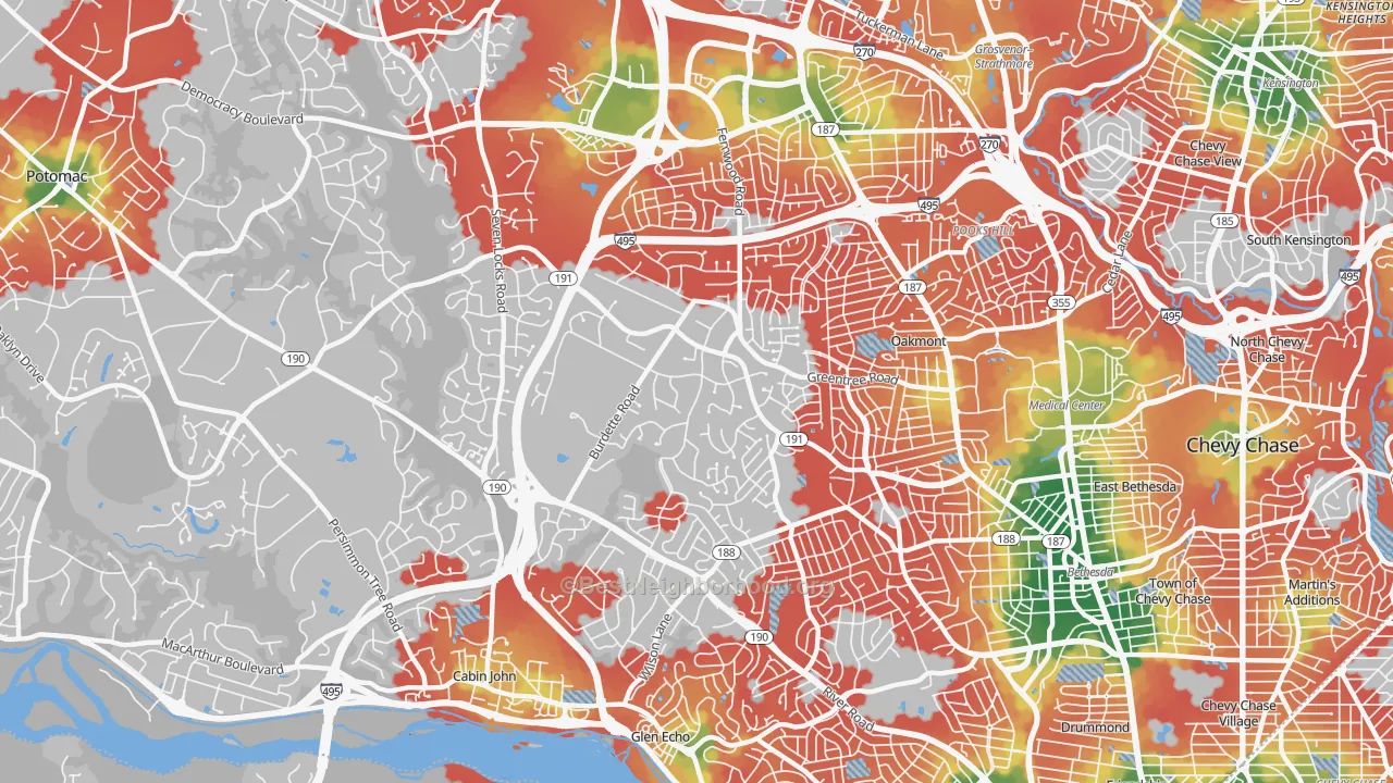 Walk Grade map of 20817, MD, walkable areas in green and car-dependent areas in red