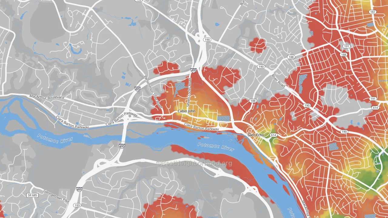 Walk Grade map of 20818, MD, walkable areas in green and car-dependent areas in red