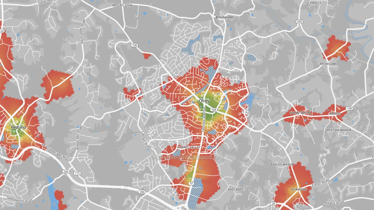 Walk Grade map of 20832, MD, walkable areas in green and car-dependent areas in red
