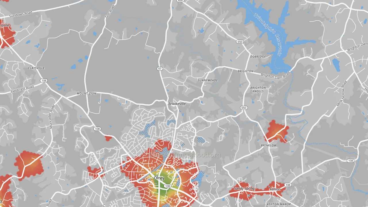 Walk Grade map of 20833, MD, walkable areas in green and car-dependent areas in red