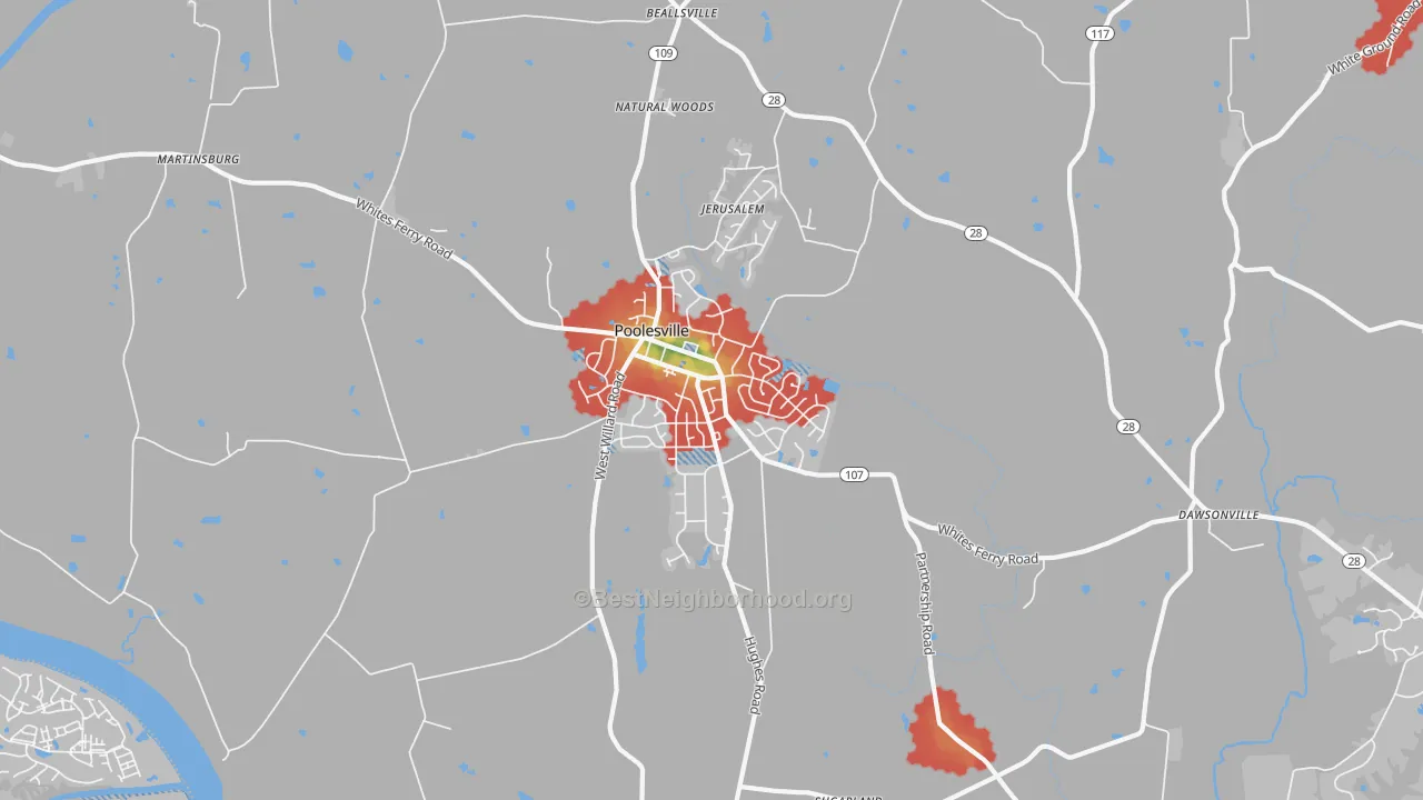 Walk Grade map of 20837, MD, walkable areas in green and car-dependent areas in red
