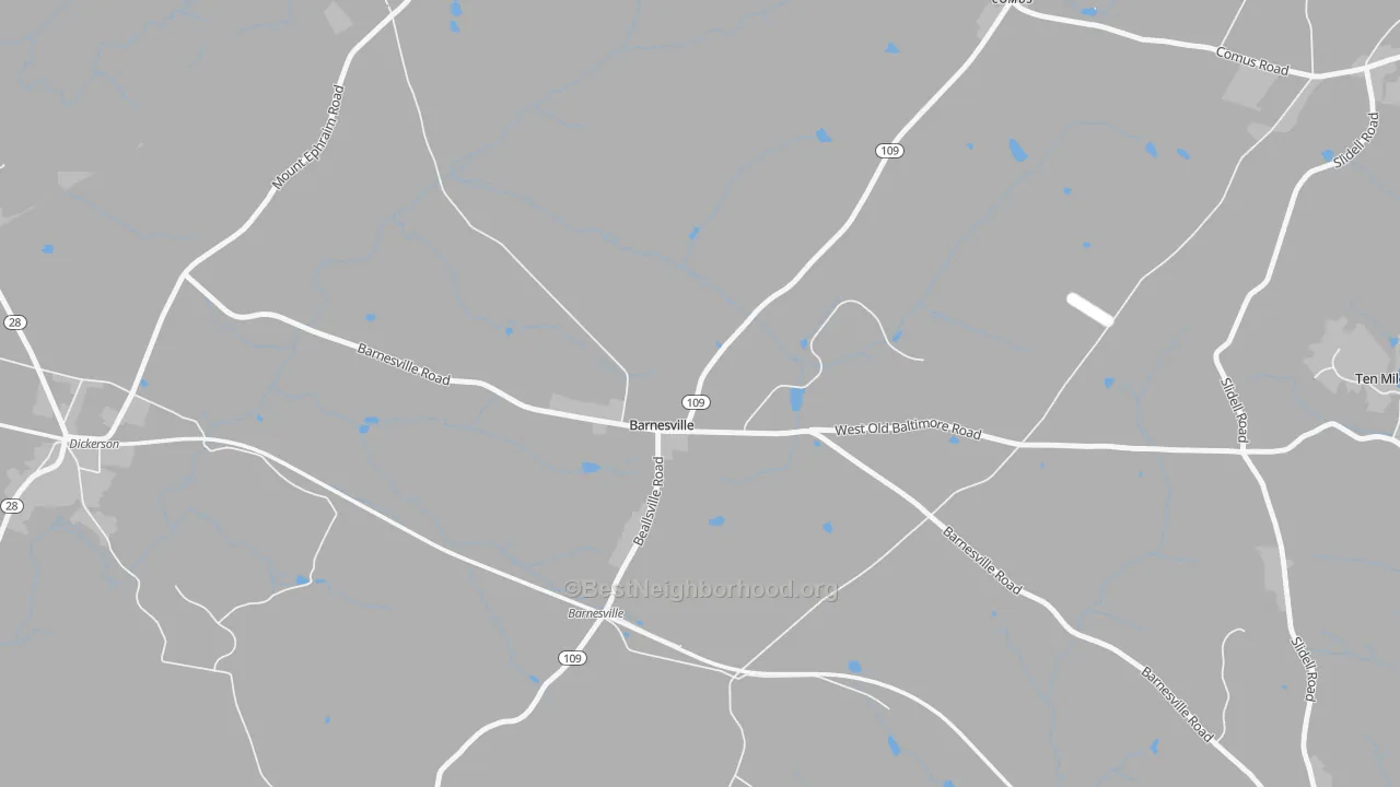 Walk Grade map of 20838, MD, walkable areas in green and car-dependent areas in red